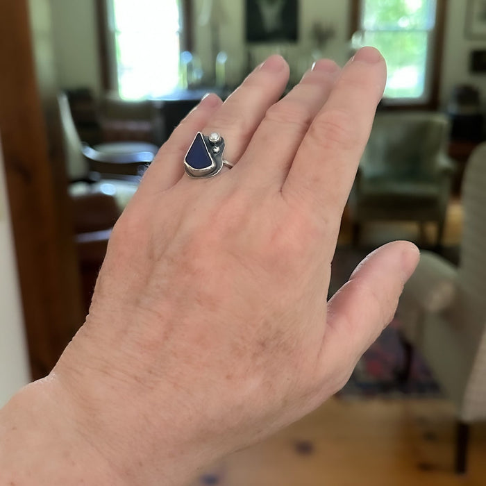 Silver rings with blue beach glass and pearl