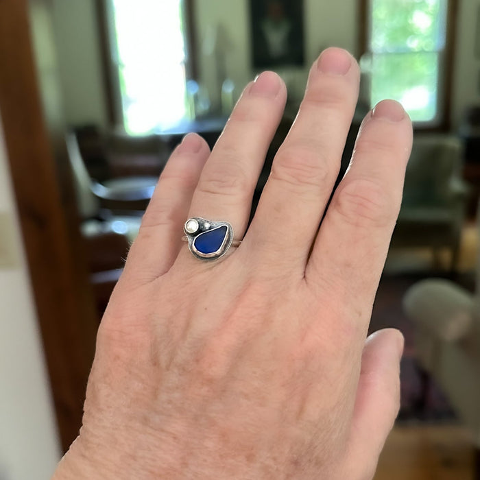 Silver rings with blue beach glass and pearl