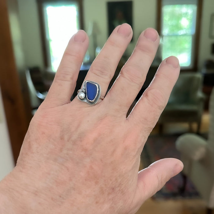 Silver rings with blue beach glass and pearl