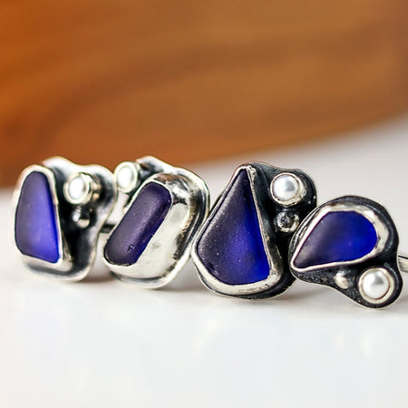 Silver rings with blue beach glass and pearl