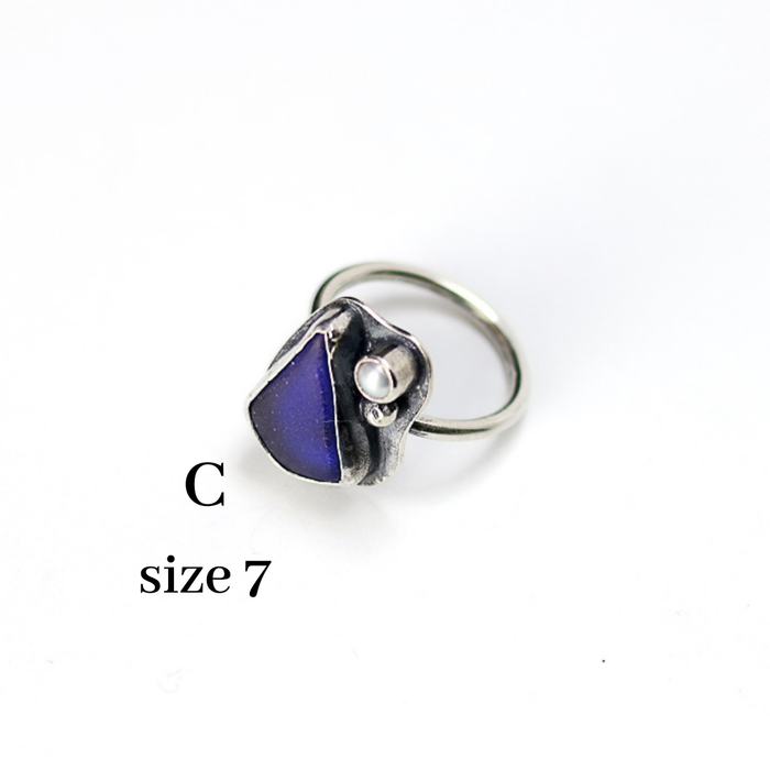 silver ring with blue beach glass and pearl