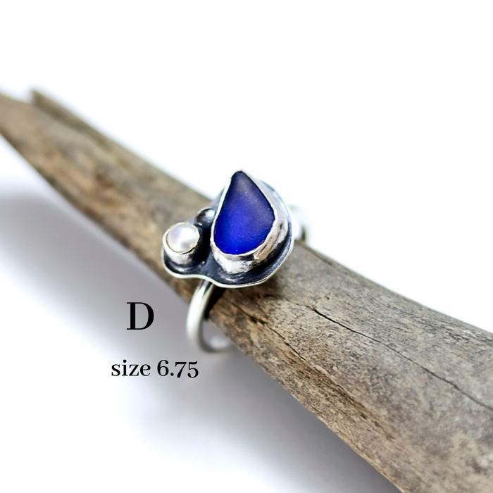 silver ring with blue beach glass and pearl
