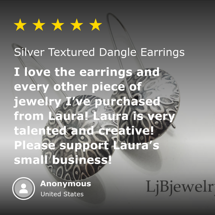 five star review for silver textured dangle earrings