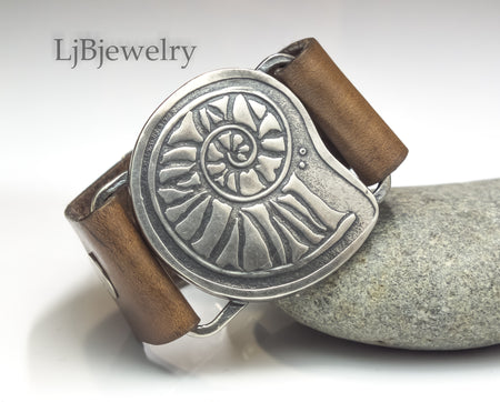 silver nautilus leather cuff