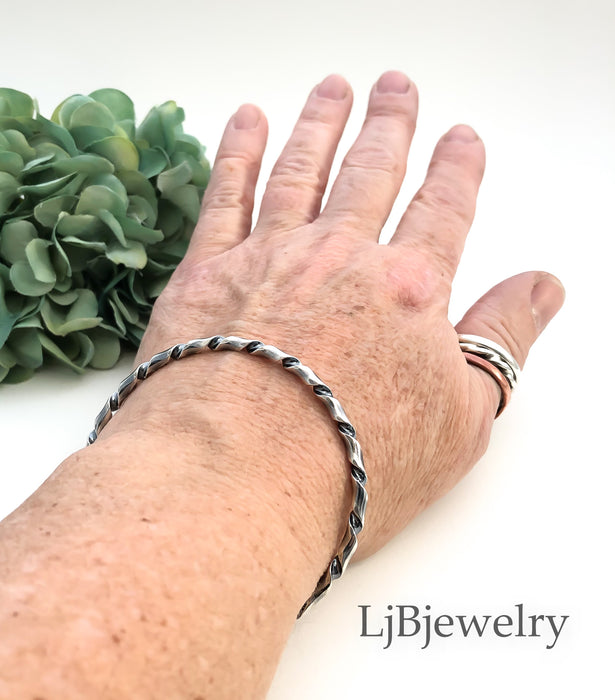 silver twisted stacking bangle bracelet