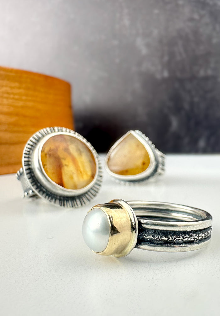 silver rings with quartz and pearl