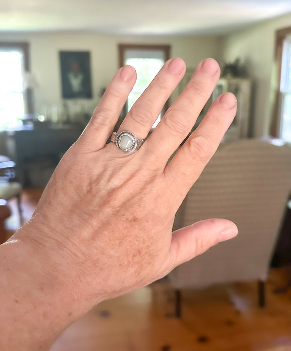Shiny White Quartz Silver Stone Ring - Size 8