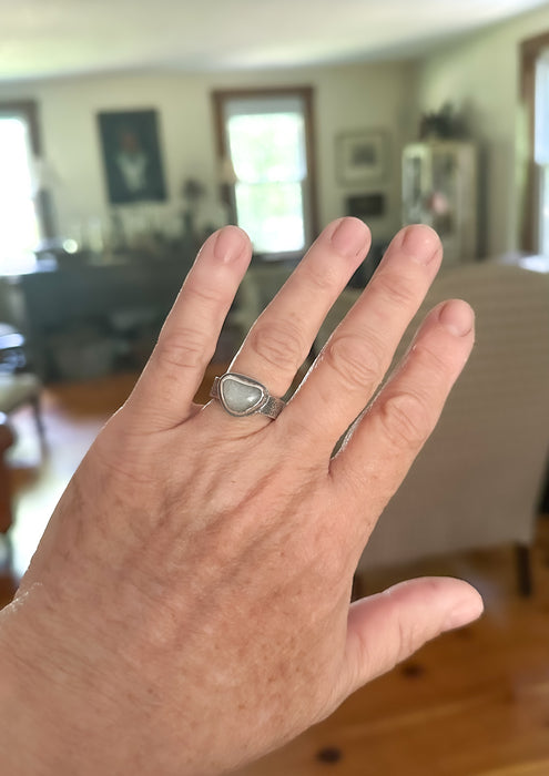 Snowy Quartz Beach Stone Silver Ring - Size 8