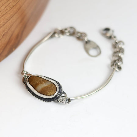 Handmade sterling silver beach stone bracelet with curved bar and chain, oxidized patina, 7.5 inches, made on Cape Cod