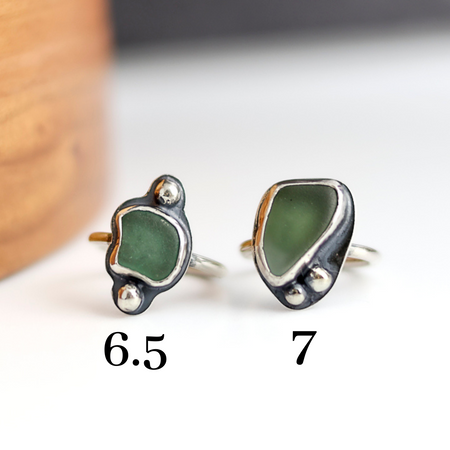 Silver rings with seafoam color beach glass