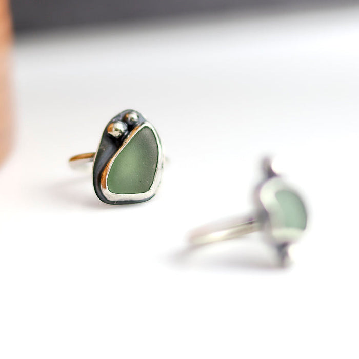 Silver rings with seafoam color beach glass
