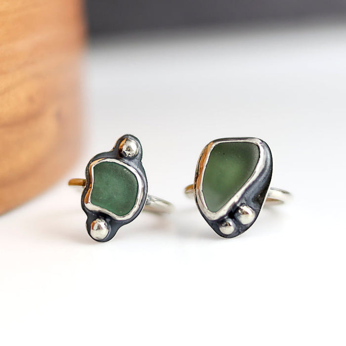 Silver rings with seafoam color beach glass
