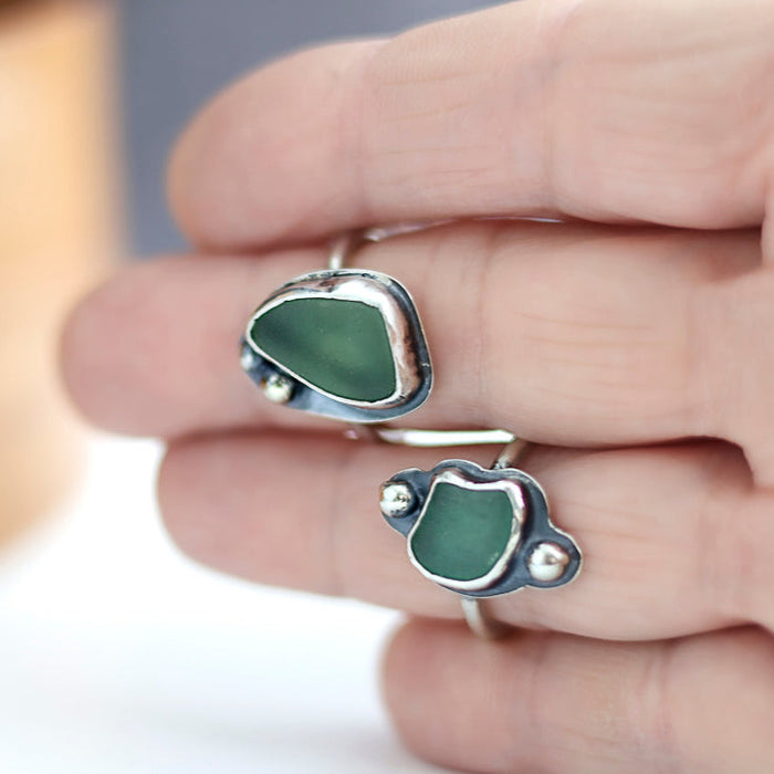 Silver rings with seafoam color beach glass