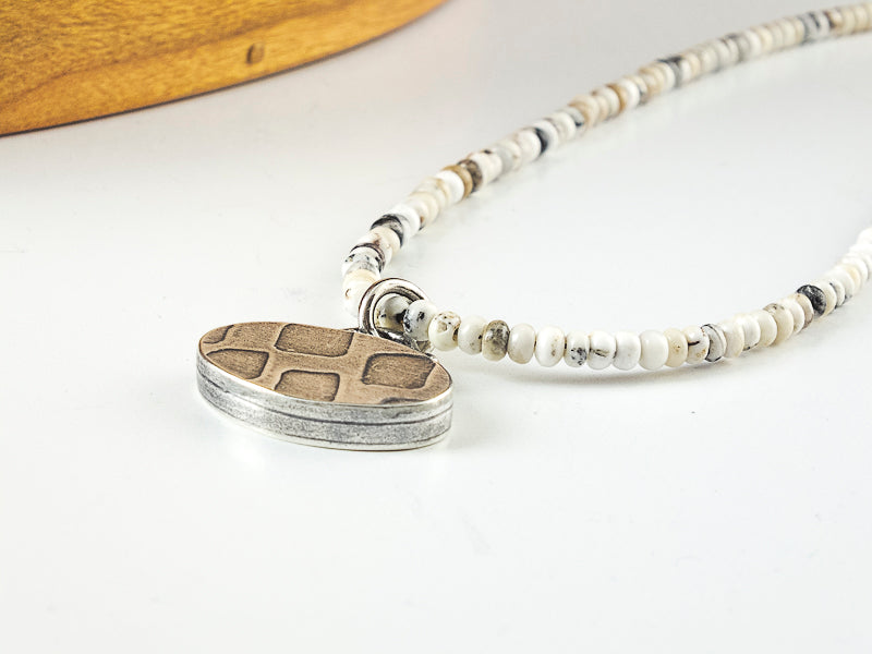 White Buffalo Turquoise Beaded Necklace with Silver Textured Hollow Form Pendant