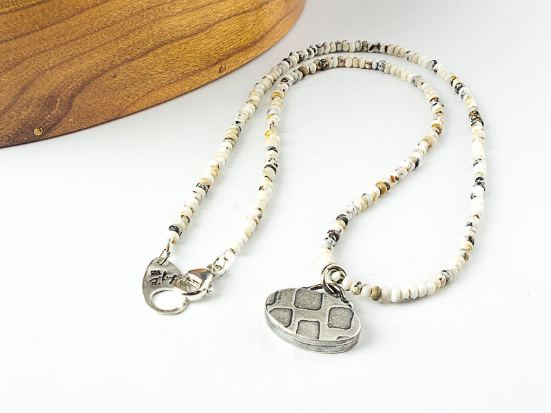 White Buffalo Turquoise Beaded Necklace with Silver Textured Hollow Form Pendant