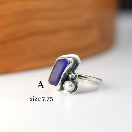 silver ring with blue beach glass and pearl