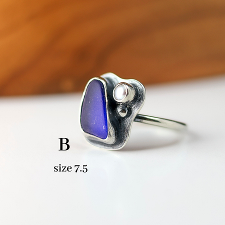 silver ring with blue beach glass and pearl