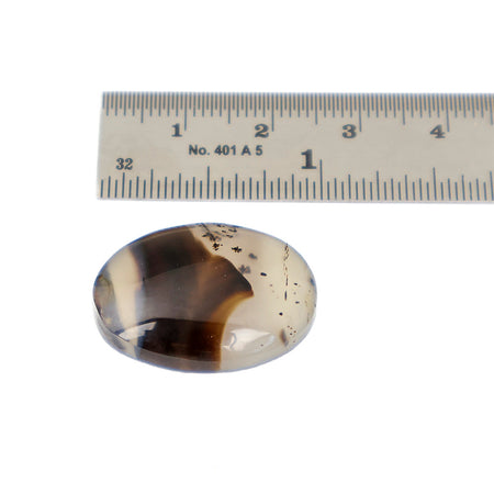 A polished oval agate cabochon gemstone with a smoky brown and translucent clear pattern, shown below a metal ruler for scale on a white background.