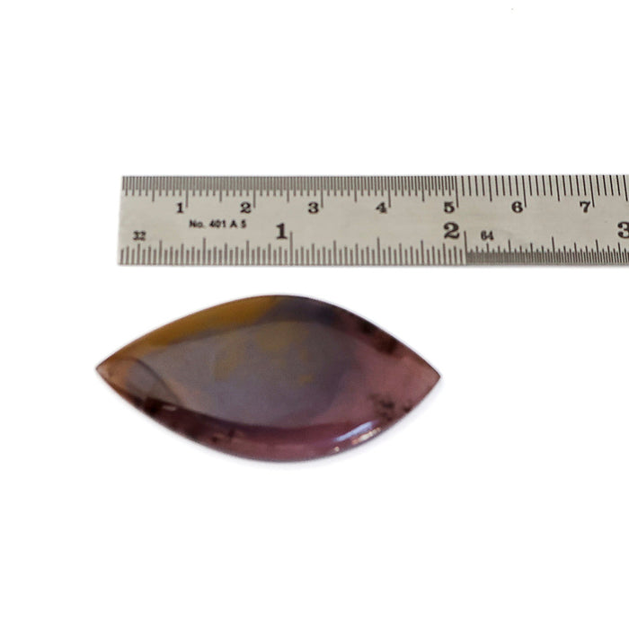 An oval shaped agate cabochon gemstone with brown, purple, and amber, shown below a metal ruler for scale on a white background.