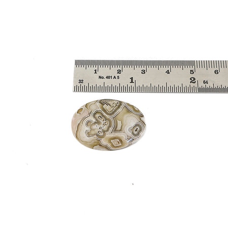 An oval agate stone cabochon with natural banding patterns in beige, cream, and light brown, shown next to a metal ruler for scale on a white background.