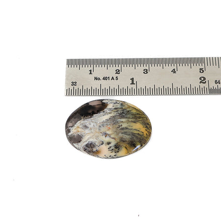 An oval  dendritic opal cabochon gemstone with a marbled pattern of gray, white, black, and yellow, shown below a metal ruler for scale on a white background.