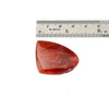 A polished red agate gemstone cabochon  shown below a metal ruler for scale on a white background.