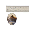A polished oval agate cabochon gemstone with natural brown, beige, and white banding, shown below a metal ruler for scale on a white background.