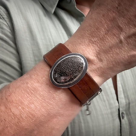 leather bracelet with fossil stone