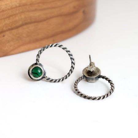 Silver stud earrings with malachite