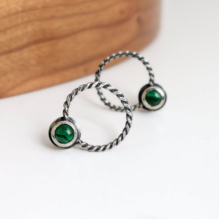 Silver stud earrings with malachite