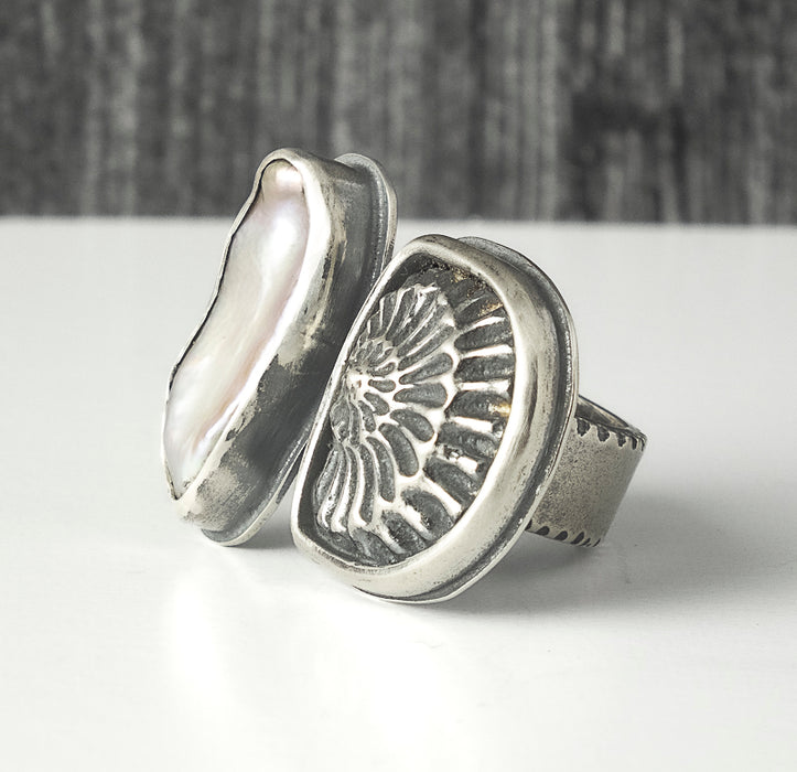 sterling silver pearl and ammonite ring