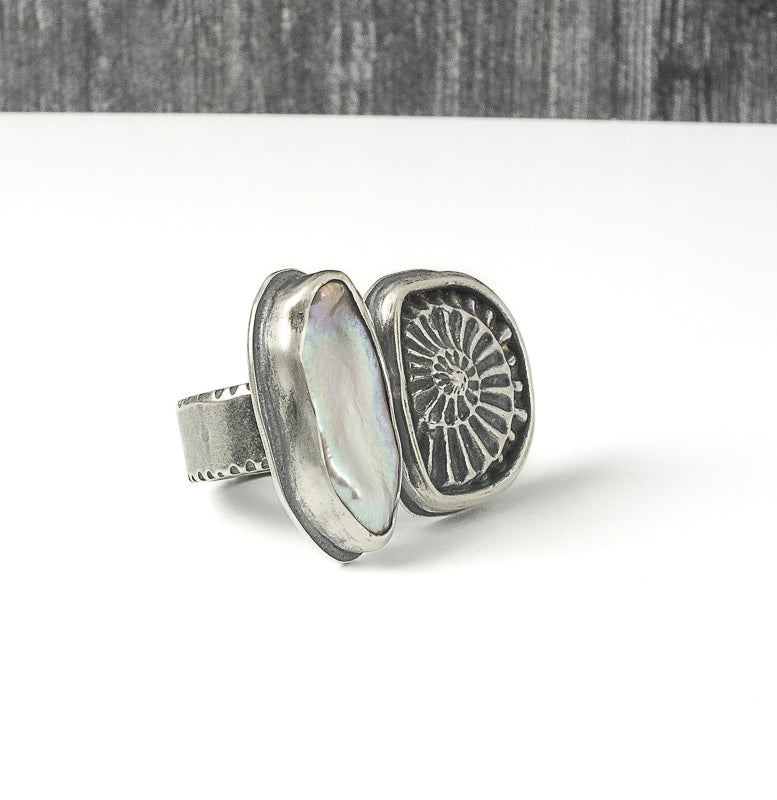Ammonite and Keshi Pearl Statement Ring - LjBjewelry