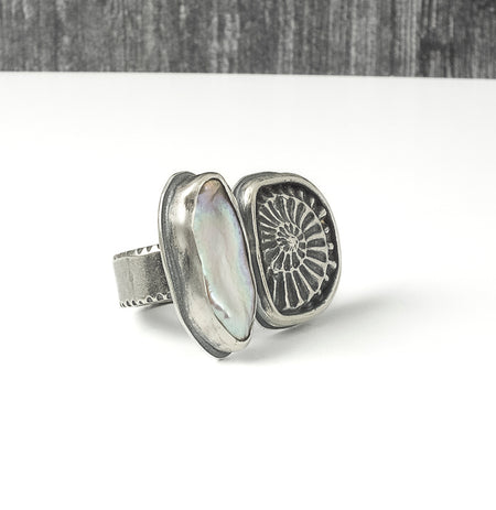 sterling silver pearl and ammonite ring