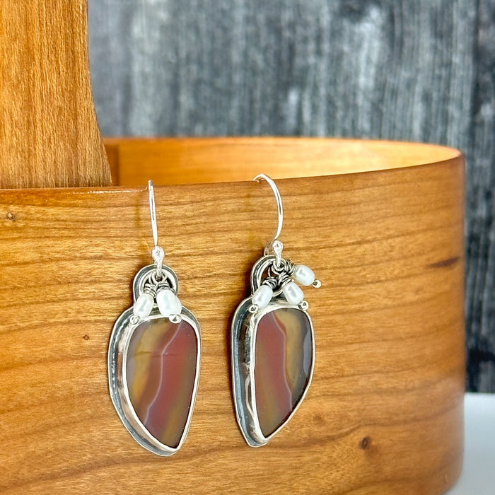 silver agate and pearl dangle earrings