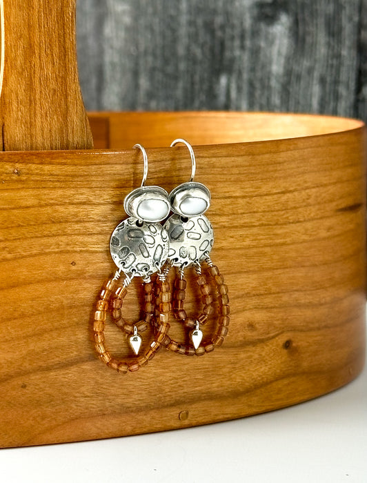 pearl and garnet bead dangle earrings