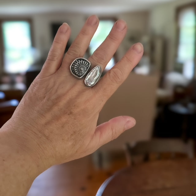 sterling silver pearl and ammonite ring