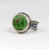 Sterling silver ring with bright green Emerald Valley turquoise from Nevada, tapered band with sand and line textures, handmade by LjB Jewelry