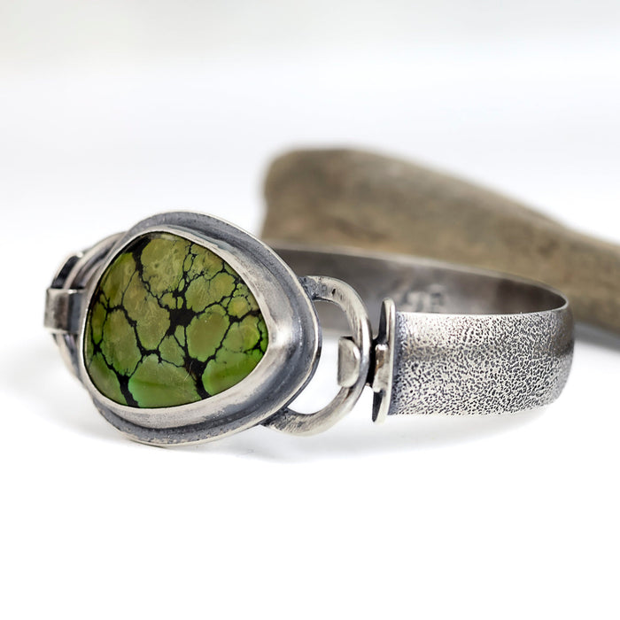Sterling silver cuff bracelet with green turquoise and black matrix, textured band, patina finish, handmade by LjB Jewelry