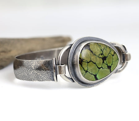Sterling silver cuff bracelet with green turquoise and black matrix, textured band, patina finish, handmade by LjB Jewelry