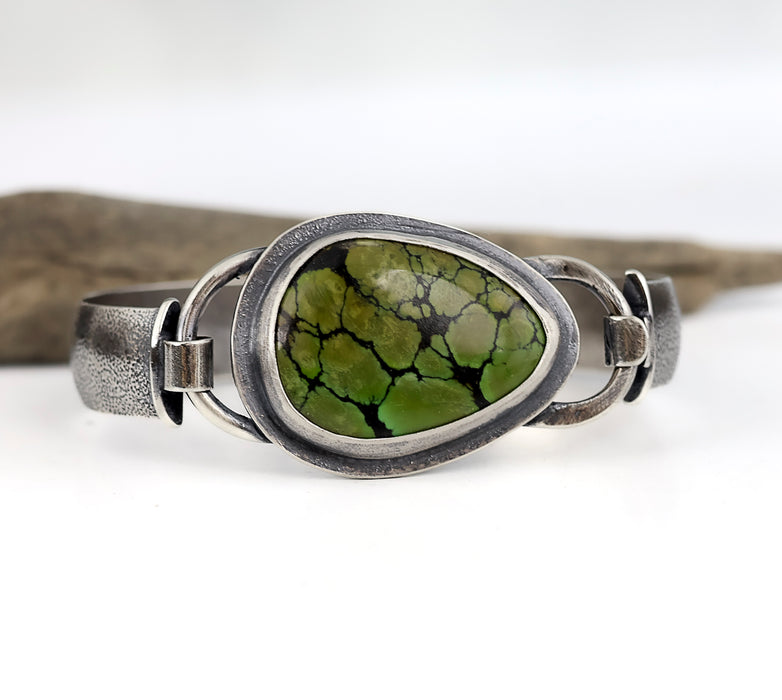 Sterling silver cuff bracelet with green turquoise and black matrix, textured band, patina finish, handmade by LjB Jewelry