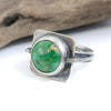 Sterling silver ring with round Emerald Valley turquoise from Nevada in square bezel setting, triple textured band, handmade by LjB Jewelry