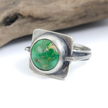 Sterling silver ring with round Emerald Valley turquoise from Nevada in square bezel setting, triple textured band, handmade by LjB Jewelry