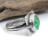 Sterling silver ring with round Emerald Valley turquoise from Nevada in square bezel setting, triple textured band, handmade by LjB Jewelry