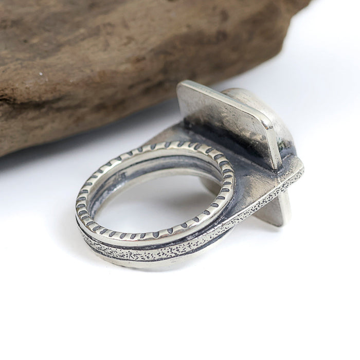 Sterling silver ring with round Emerald Valley turquoise from Nevada in square bezel setting, triple textured band, handmade by LjB Jewelry