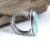 Sterling silver ring with soft blue Blue Ridge Orvil Jack turquoise from Nevada, wide band with dimpled edge texture, handmade by LjB Jewelry