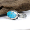 Sterling silver comfort fit ring with soft blue Blue Ridge Orvil Jack turquoise from Nevada, half round band with dimpled texture, handmade by LjB Jewelry