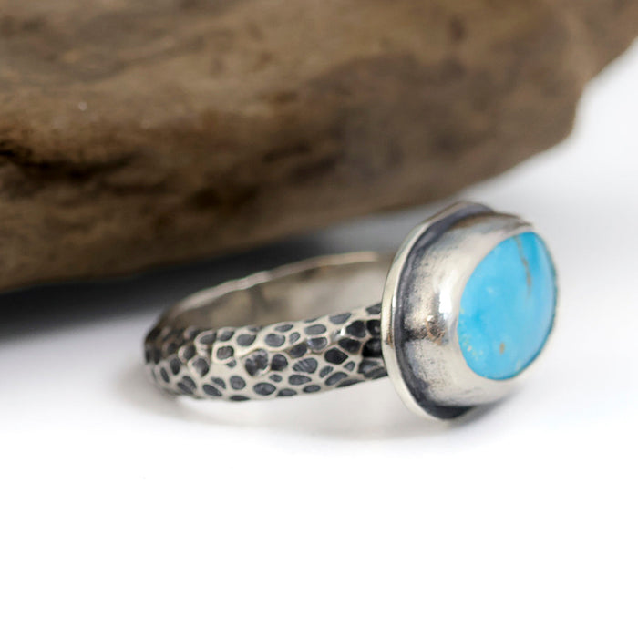 Sterling silver comfort fit ring with soft blue Blue Ridge Orvil Jack turquoise from Nevada, half round band with dimpled texture, handmade by LjB Jewelry