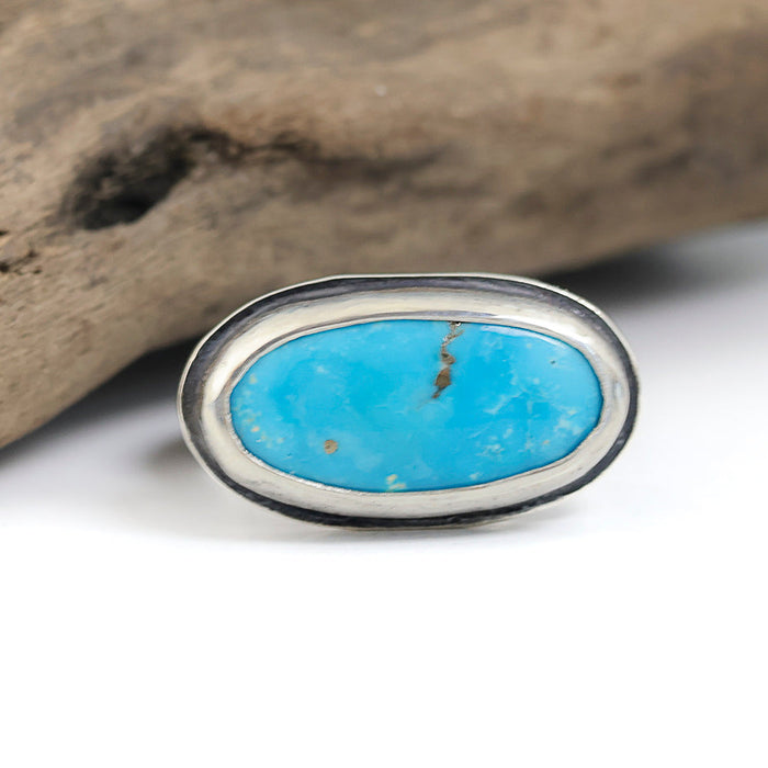 Sterling silver comfort fit ring with soft blue Blue Ridge Orvil Jack turquoise from Nevada, half round band with dimpled texture, handmade by LjB Jewelry