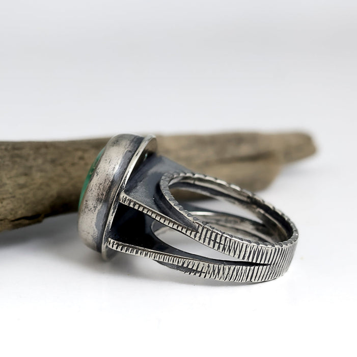 Sterling silver split shank ring with soft green Emerald Valley turquoise from Nevada, line textured band, handmade by LjB Jewelry