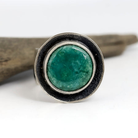 Sterling silver ring with Emerald Valley turquoise from Nevada, concave setting with sand texture, wide band, handmade by LjB Jewelry